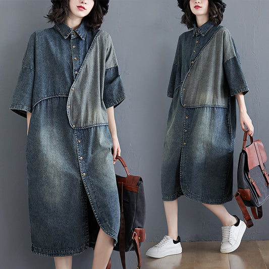 Vestido Denim Suelto Literario Vintage con Costuras Artesanales