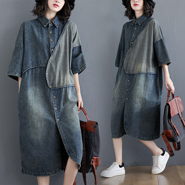 Vestido Denim Suelto Literario Vintage con Costuras Artesanales
