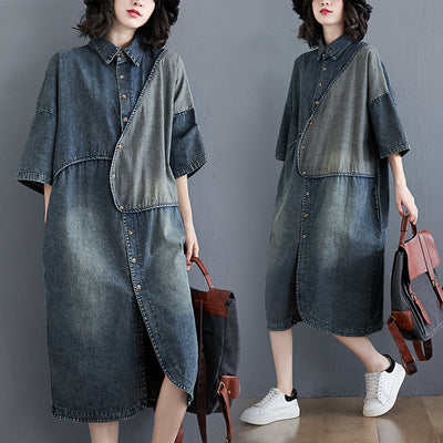 Vestido Denim Suelto Literario Vintage con Costuras Artesanales