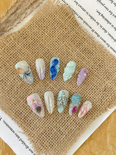 Uñas Postizas Artesanales Mundo Submarino Feliz Blanco - Manicura Larga Avanzada - Image 11