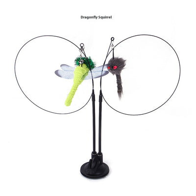 Cat sucker teaser toy with a blue butterfly, gray mouse, and light blue feathers on a black suction cup base. - Image 13