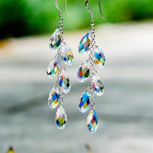 Aretes de Cristal con Aguja de Plata - Cortina de Cuentas Brillante
