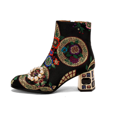 Botas Étnicas con Tacón Grueso, Bordado Floral y Hebilla de Perlas - Image 9