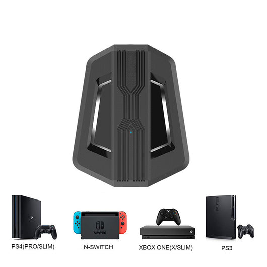 Black keyboard and mouse adapter for gaming consoles with yellow LED accents, next to its product box. - Image 12