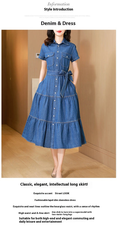 Vestido Camisero de Algodón con Falda Larga y Detalle Denim - Image 12