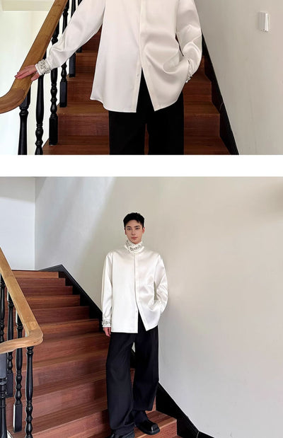 Camisa de Satén Elegante para Hombre con Cuello Mao y Detalles de Lentejuelas Brillantes - Image 9