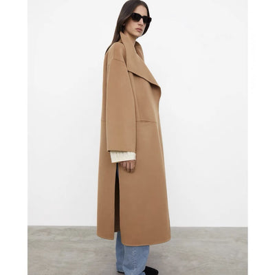 Abrigo Largo Minimalista Lana Cashmira Doble Faz con Abertura Lateral para Mujer - Image 10