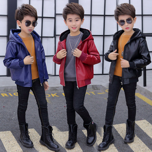 Chaqueta Acolchada con Capucha de Cuero PU para Niños