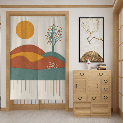 Fabric door curtain with a modern botanical design, featuring large green leaves, a snail, and geometric shapes. - Image 11