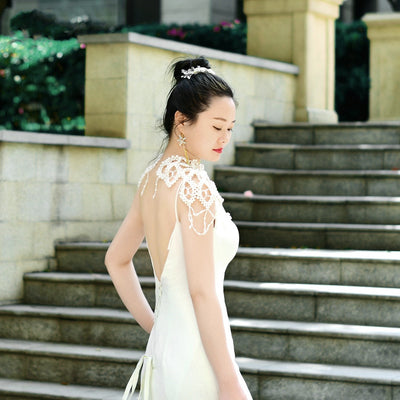 Chal Cheongsam Perlas Tejido a Mano - Accesorio Nupcial Elegante - Image 4