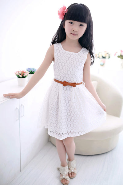 Vestido Princesa Niña con Chaleco de Encaje Calado y Cinturón