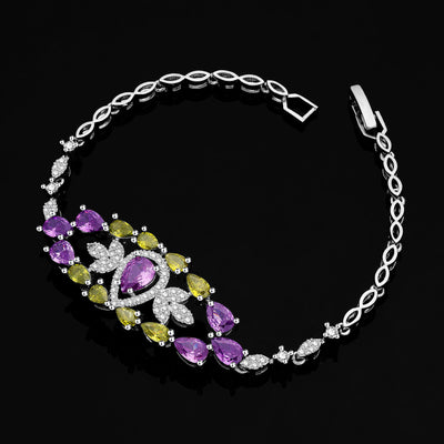 Color zirconium necklace, earrings, bracelet, and ring 4-piece set with purple and green stones. - Image 3