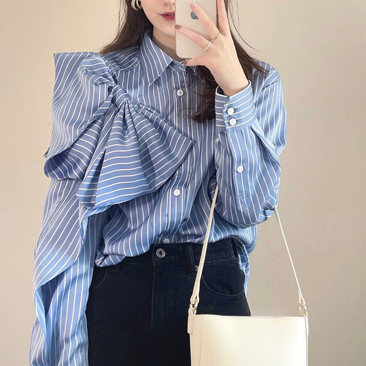 Blusa Casual Azul a Rayas con Lazo Coreano y Manga Larga para Mujer