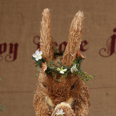Artesanía Tejida en Hierba - Accesorios Madre e Hijo Conejo Marrón con Flores de Pueraria - Image 3