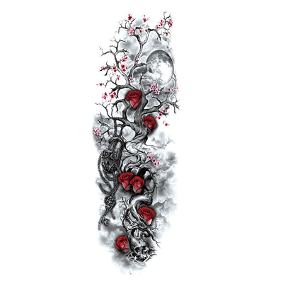 Full arm temporary tattoo sticker with a black, red, and light blue tribal design, featuring abstract shapes and patterns. - Image 3