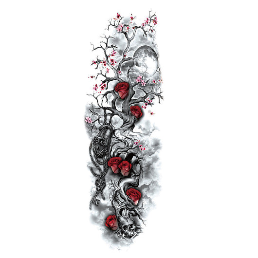Full arm temporary tattoo sticker with a black, red, and light blue tribal design, featuring abstract shapes and patterns. - Image 3