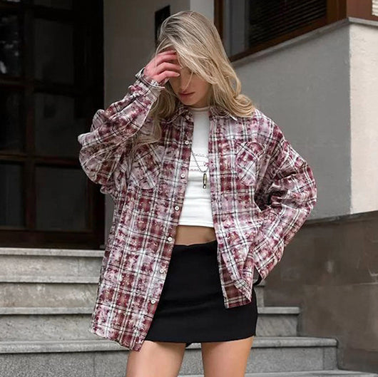 Camisa Cuadros Suelta Manga Larga Casual