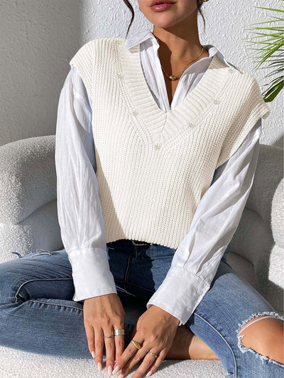 Chaleco Tejido con Perlas en Escote V - Elegancia Minimalista - Image 8