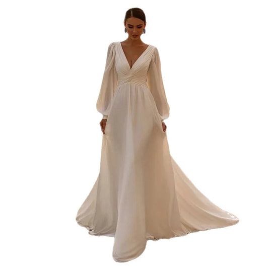 Vestido de Novia Gasa Satinada Escote Profundo Manga Larga - Image 16
