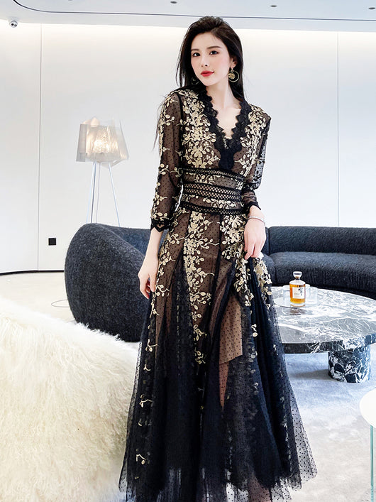 Vestido Elegante Estilo Hepburn con Malla Bordada Premium - Image 5