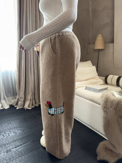Pantalones Anchos de Lana Cordero con Bordado de Cachorro - Casual y Cómodo - Image 13