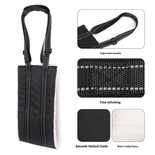 Black adjustable dog rehabilitation training belt with white plush lining on a brown and white Border Collie. - Image 3