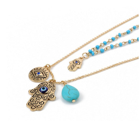 Collar Bohemio Doble Capa con Perlas de Arroz, Turquesa y Palma de Fátima - Image 18