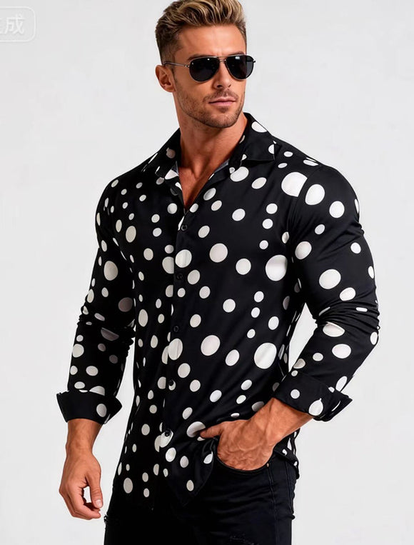 Camisa Casual de Manga Larga con Estampado de Lunares para Hombre