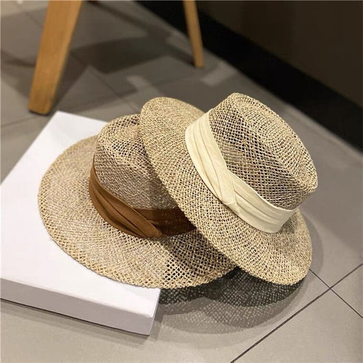Sombrero de Paja Retro Británico para Mujer con Ala Plana
