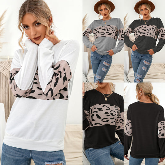Suéter Tejido Estampado Leopardo Cuello Redondo con Parches de Contraste para Mujer