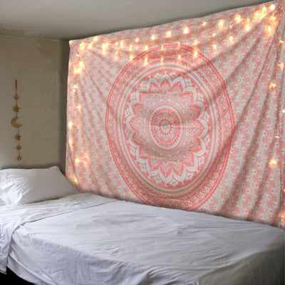 Black and white mandala tapestry with intricate floral and geometric patterns hanging on a bedroom wall. - Image 9