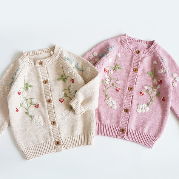 Cardigan Tejido para Niña con Bordado de Fresa y Flores