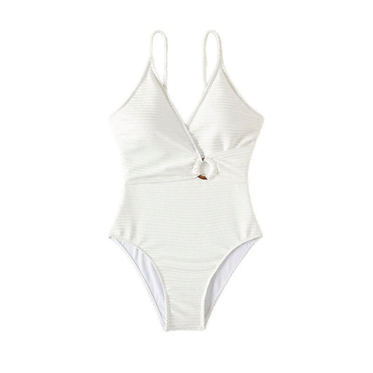 White textured one-piece swimsuit with deep V-neck and wooden O-ring detail, styled with a light-wash denim jacket. - Image 6