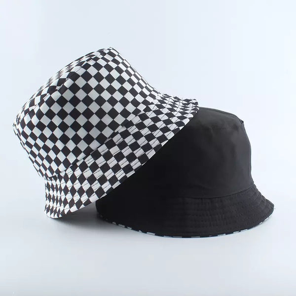 Sombrero Pescador Reversible Cuadros Verano Unisex Negro Blanco Plegable