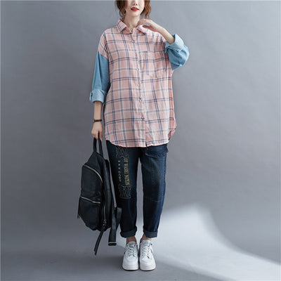Camisa Oversized de Patchwork Manga Larga Suelta - Image 11