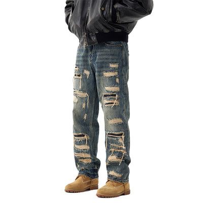 Pantalones Vaqueros Anchos Rotos con Detalles de Agujeros y Parches Personalizados para Hombre - Image 5