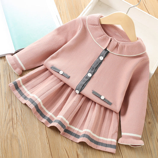 Conjunto Infantil Coreano Cardigan Tejido Liso Dos Piezas con Falda - Image 2
