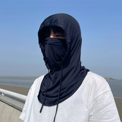 Light gray ice silk sun mask with full face coverage and an attached hood, featuring drawstrings for adjustment. - Image 3