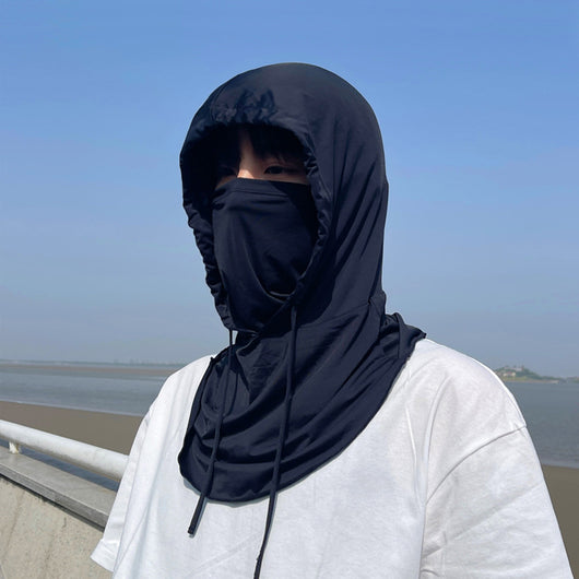 Light gray ice silk sun mask with full face coverage and an attached hood, featuring drawstrings for adjustment. - Image 3