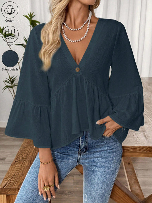 Blusa Cuello V con Mangas Volantes en Colores Sólidos - Image 28