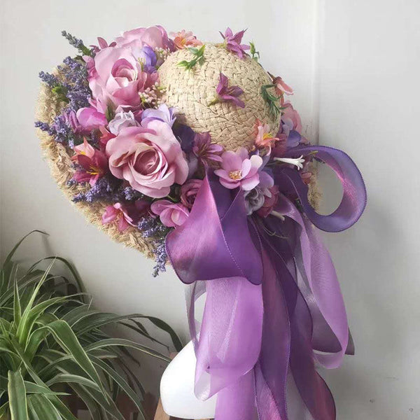 Sombrero de Paja Púrpura con Flor para Mujer - Estilo Raffia - Image 3