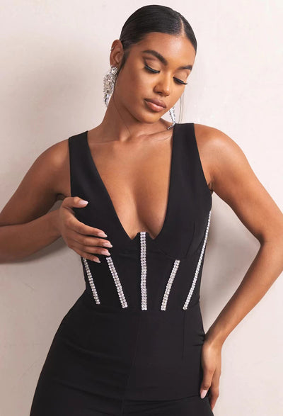 Jumpsuit Bandage Escotado con Espalda Descubierta y Diamantes - Image 6