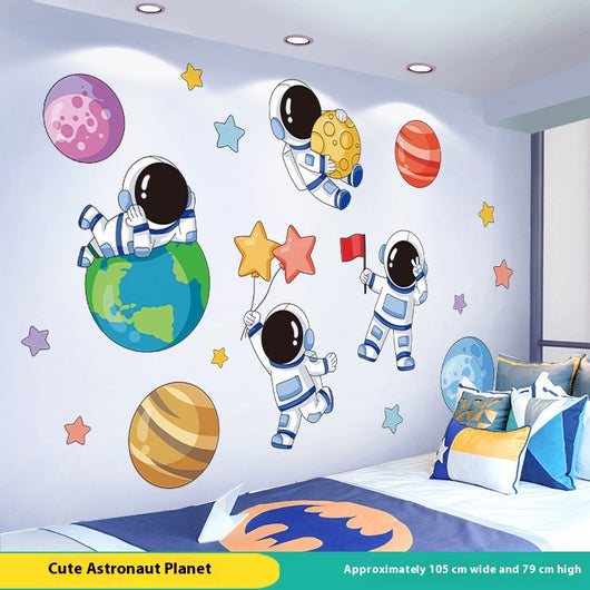 Cartoon astronaut and space station wall stickers with planets, stars, moon, and telescope on a white wall. - Image 5