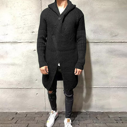 Suéter Abrigo Largo con Capucha para Hombre Botones Color Sólido - Image 4