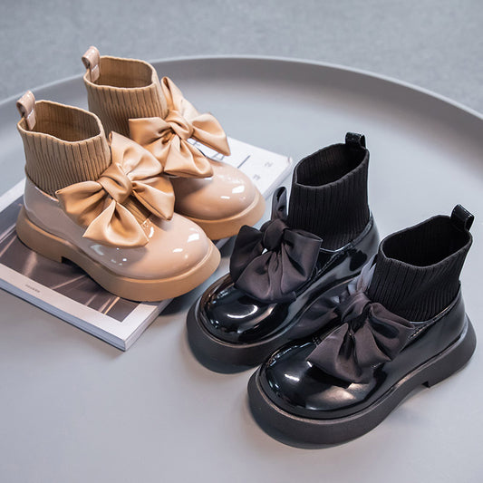 Botas de Cuero Estilo Princesa con Moño para Niñas - Otoño