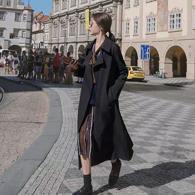 Abrigo Drapado Largo para Mujer Negro Moderno y Elegante