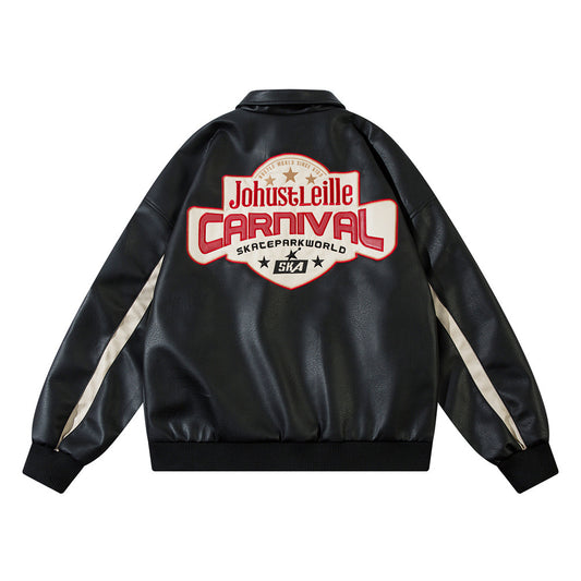 Chaqueta de Cuero Suelta con Letras Bordadas Estilo Europeo Americano