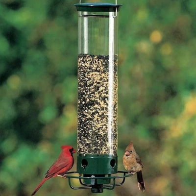 Green and clear tube hanging bird feeder with a metal wire hanger, designed for attracting hummingbirds.