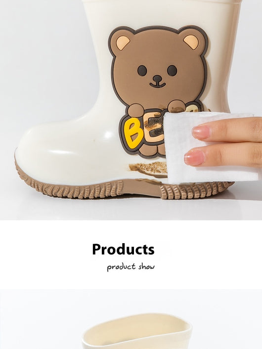 White children's rain boots with a brown cartoon bear holding colorful 'BEAR' lettering and a white fleece lining. - Image 15