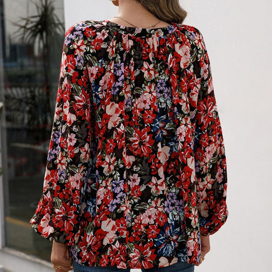 Blusa Floral Suelta Manga Larga Escote en V - Image 5